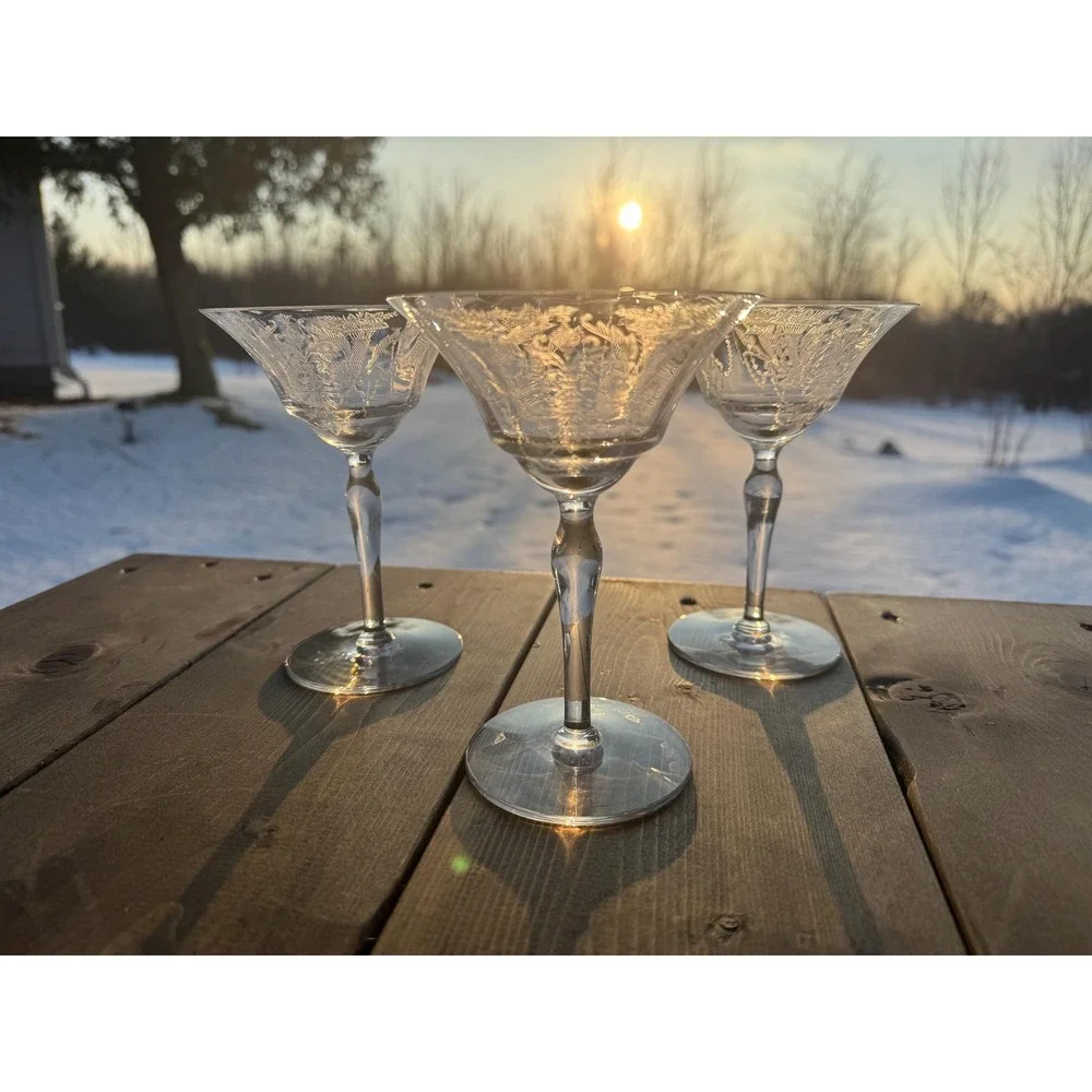 Mid Century Morgantown Milan 7668 Etched Champagne Glasses Tall Sherbet Set of 3